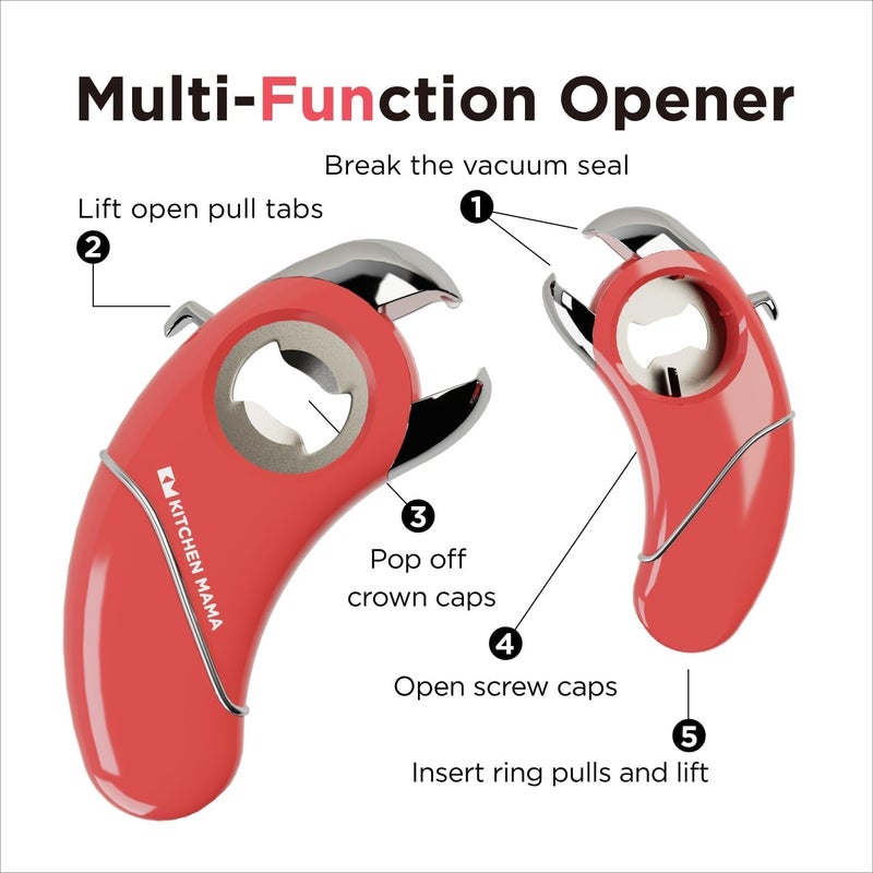 Kitchen Mama Epic One Multifunction Opener: Magnetic Bottle Opener, Beer Soda Opener, Effortless Jar Lid Opener for Seniors and Elderly with weak Hands and Arthritis, Essential Kitchen Gadget (Red) - Image 2